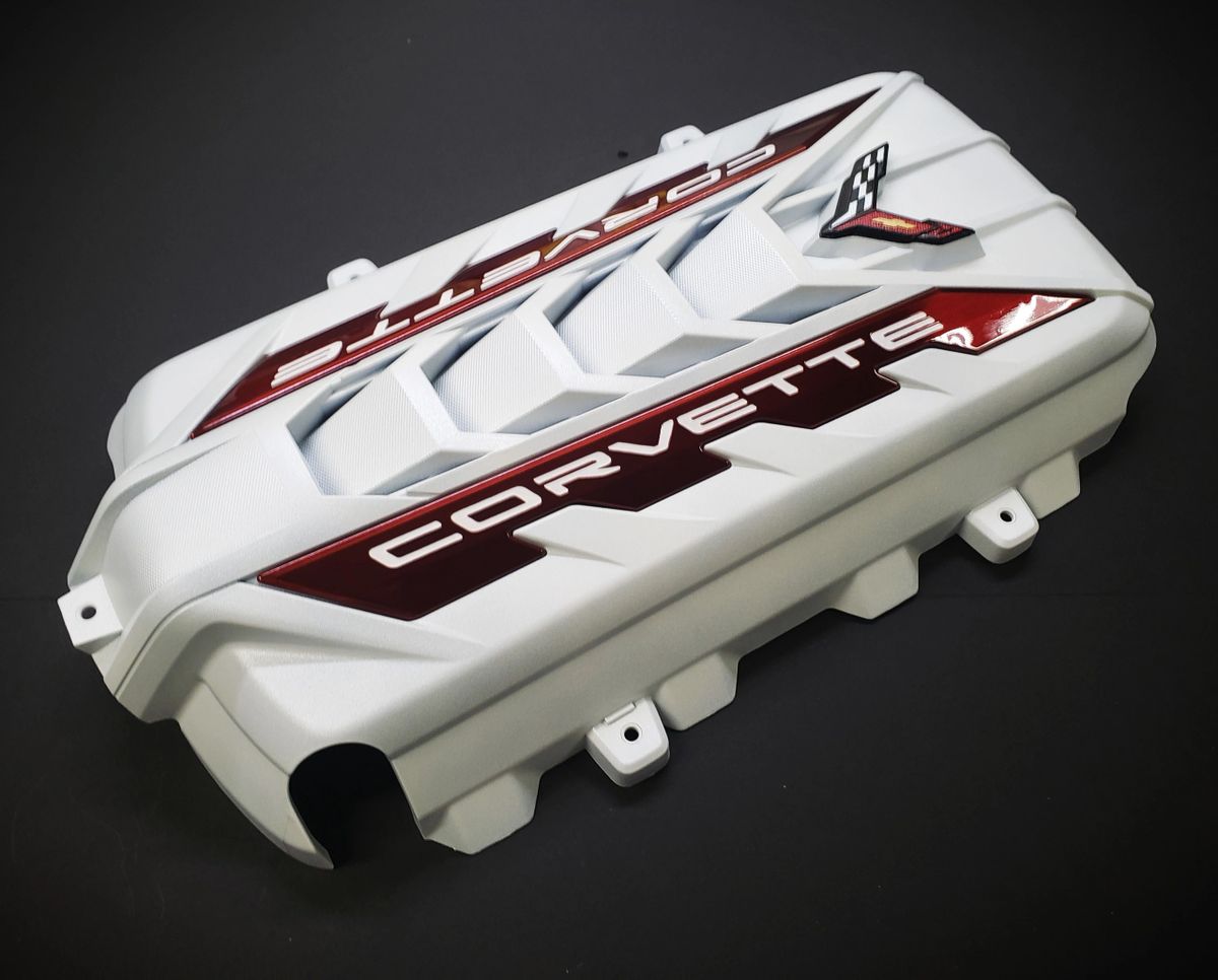 C8 Corvette Engine Cover Pearl White High Gloss Edge Red RAILS